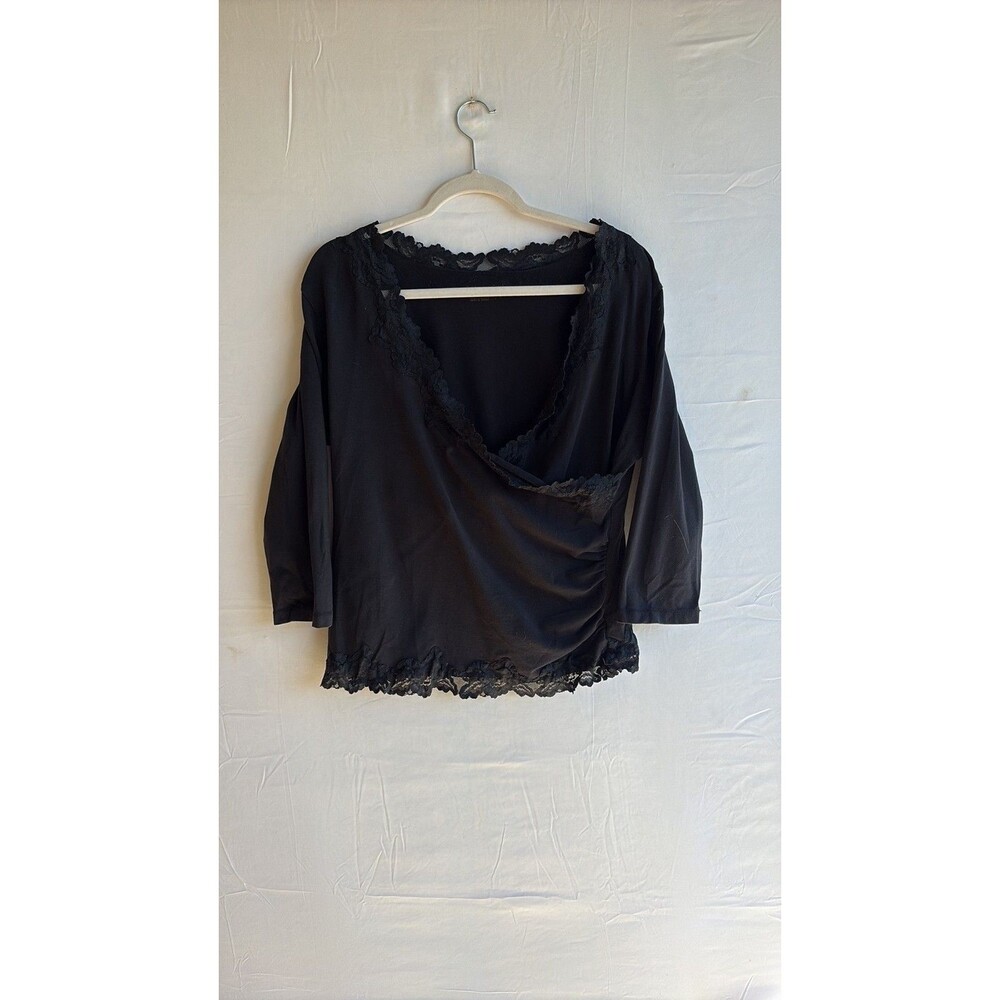 Coldwater Creek Black Lace Trim Faux Wrap Top
